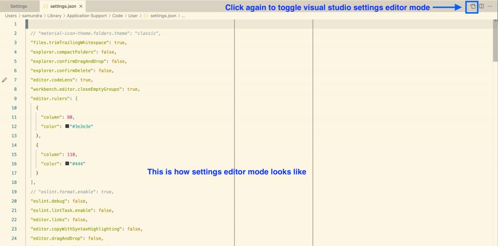 Visual studio code settings editor screen