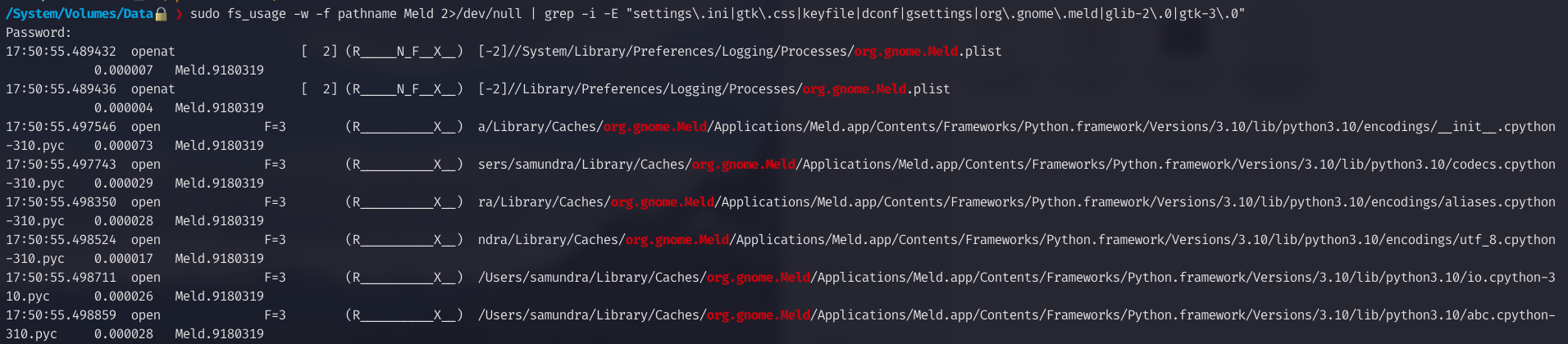 Figure 4. fs_usage trace showing Meld reading from org.gnome.Meld